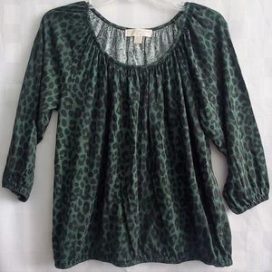 MICHAEL KORS Jewel Tone Green & Black Animal Print Knit Top Casual Office Coffee